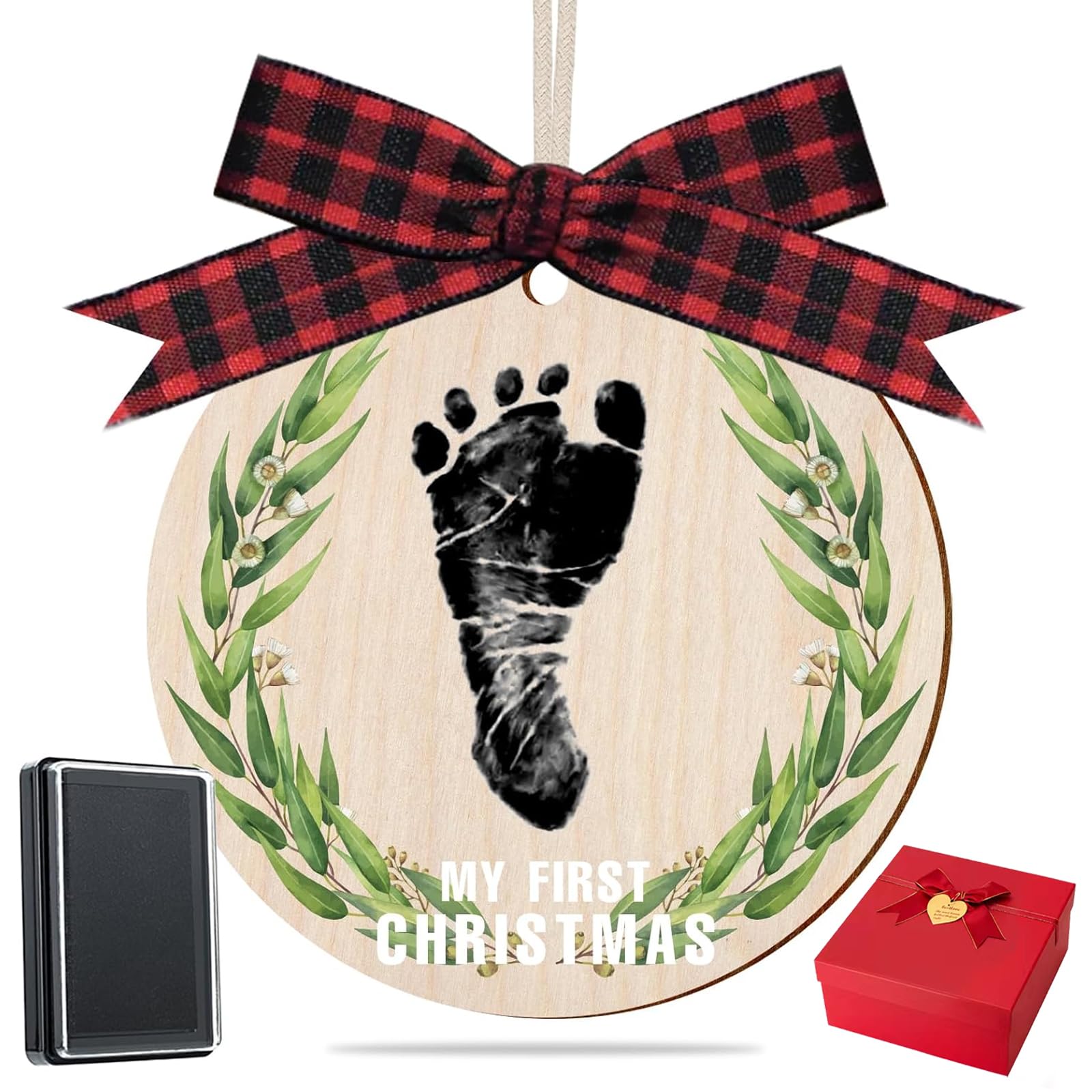 Baby's My First Christmas Handprint or Footprint Christmas Print Ornament,Christmas Tree Decoration Keepsake with Clean Touch Ink Pads and Bows，Nursery Decorative Ornaments (Print2)