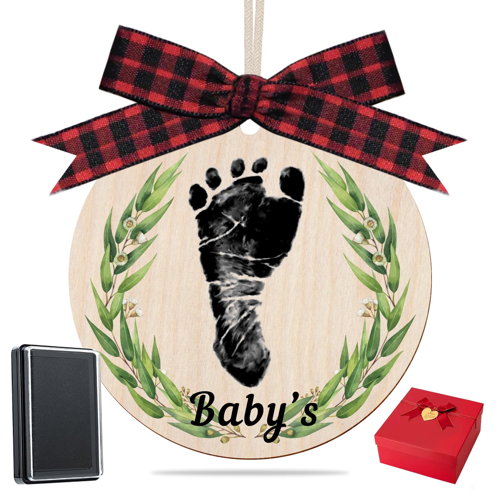Baby's My First Christmas Handprint or Footprint Christmas Print Ornament,Christmas Tree Decoration Keepsake with Clean Touch Ink Pads and Bows，Nursery Decorative Ornaments (Print2)