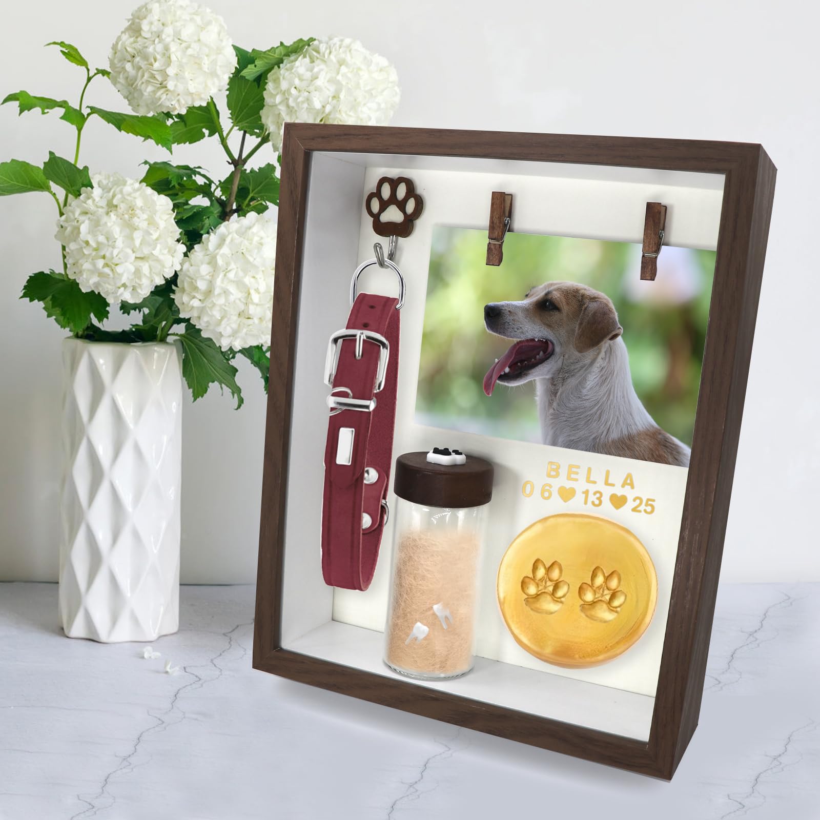 Pet Memorial Shadow Box Photo Frame - 4×6 Photo Display with Glass Jar for Fur and Teeth Storage, Ink Paw Print Kit, Personalized Pet Loss Gift, Storage for Collars, Tags and Accessories (brown1)