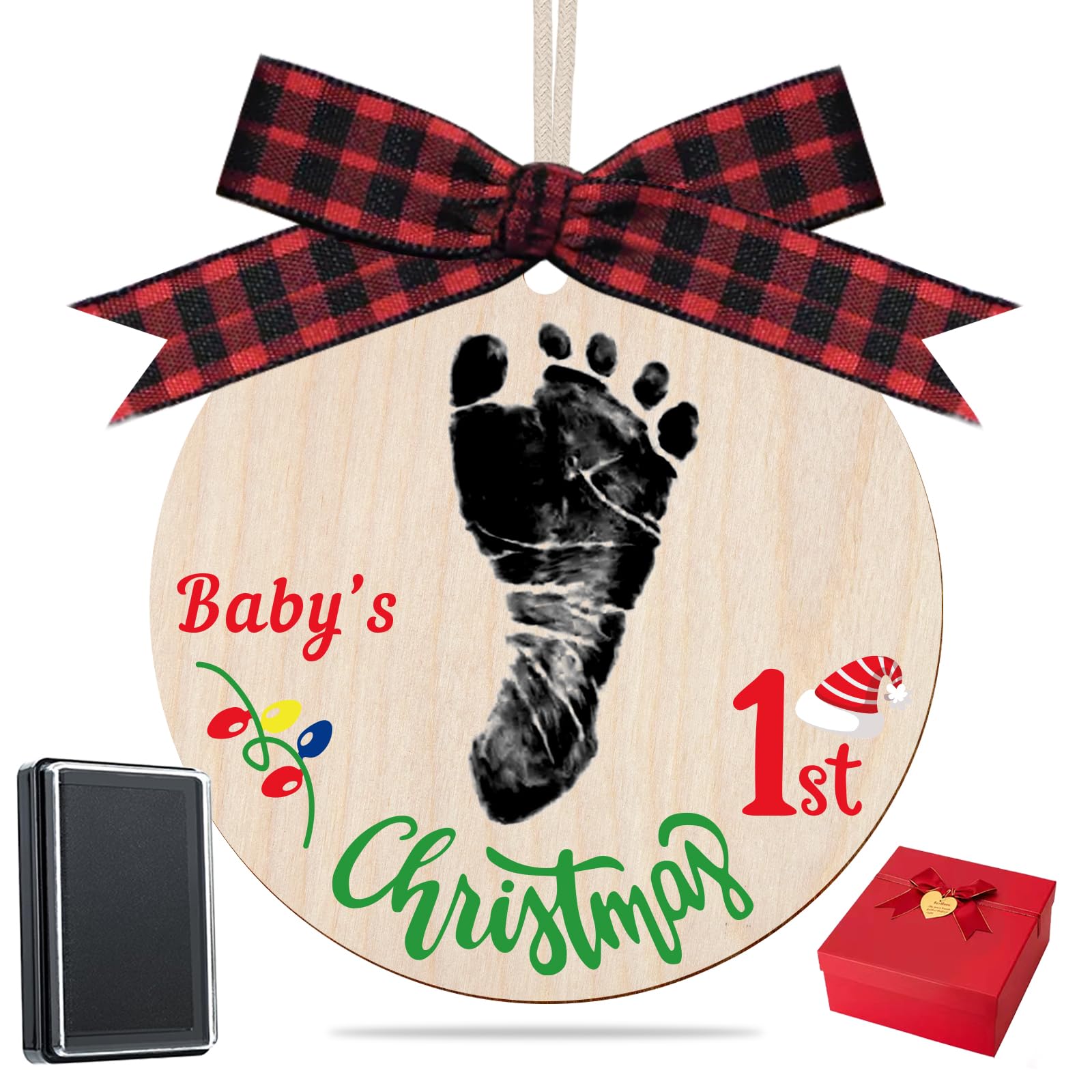 Baby's My First Christmas Handprint or Footprint Christmas Print Ornament,Christmas Tree Decoration Keepsake with Clean Touch Ink Pads and Bows，Nursery Decorative Ornaments (Print2)