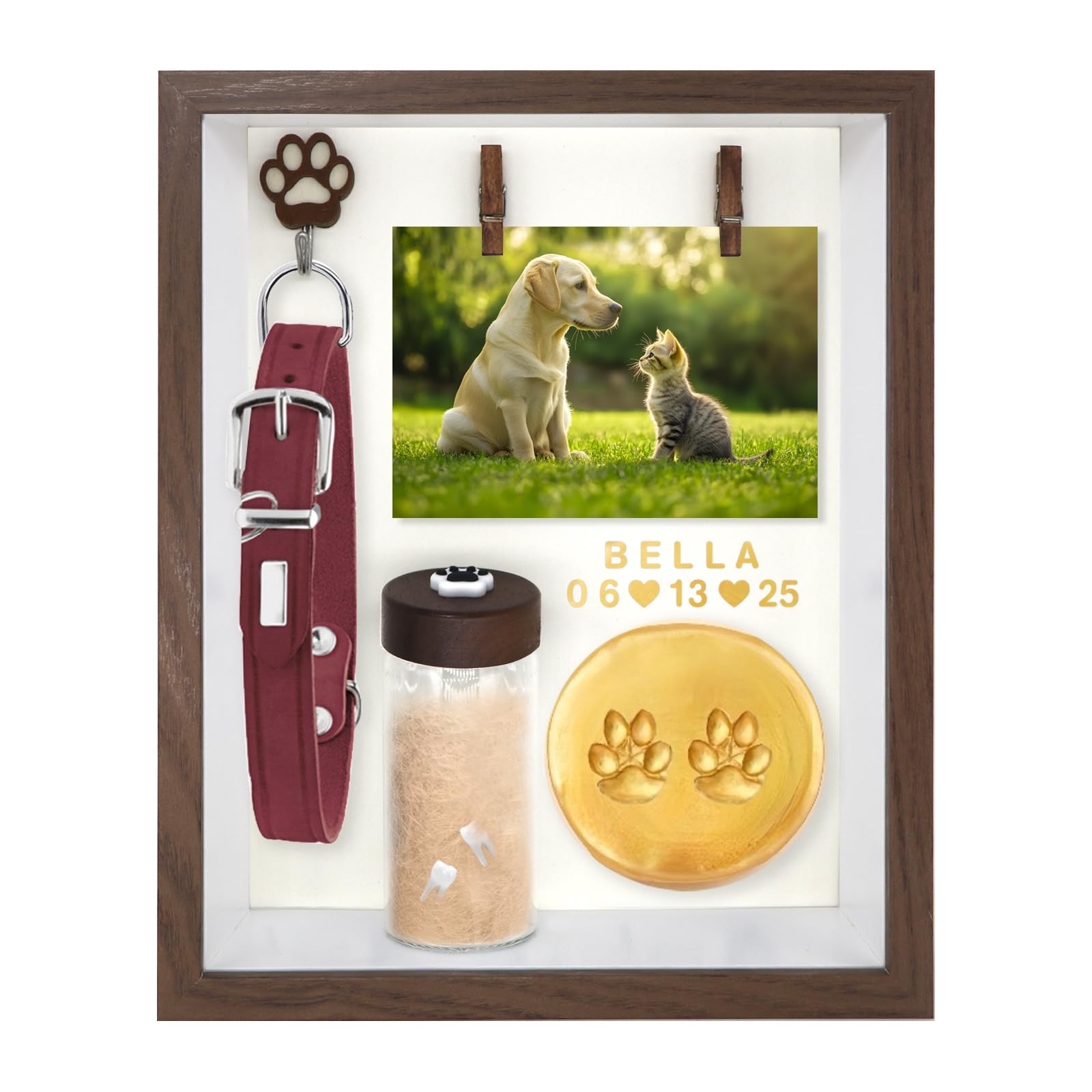 Pet Memorial Shadow Box Photo Frame - 4×6 Photo Display with Glass Jar for Fur and Teeth Storage, Ink Paw Print Kit, Personalized Pet Loss Gift, Storage for Collars, Tags and Accessories (brown1)