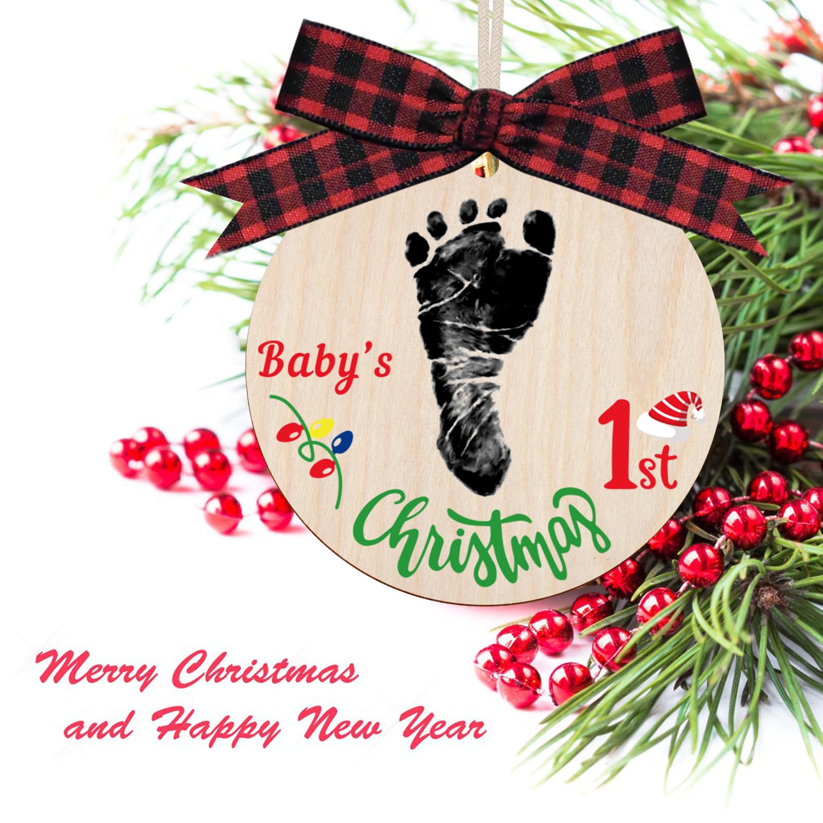 Baby's My First Christmas Handprint or Footprint Christmas Print Ornament,Christmas Tree Decoration Keepsake with Clean Touch Ink Pads and Bows，Nursery Decorative Ornaments (Print2)