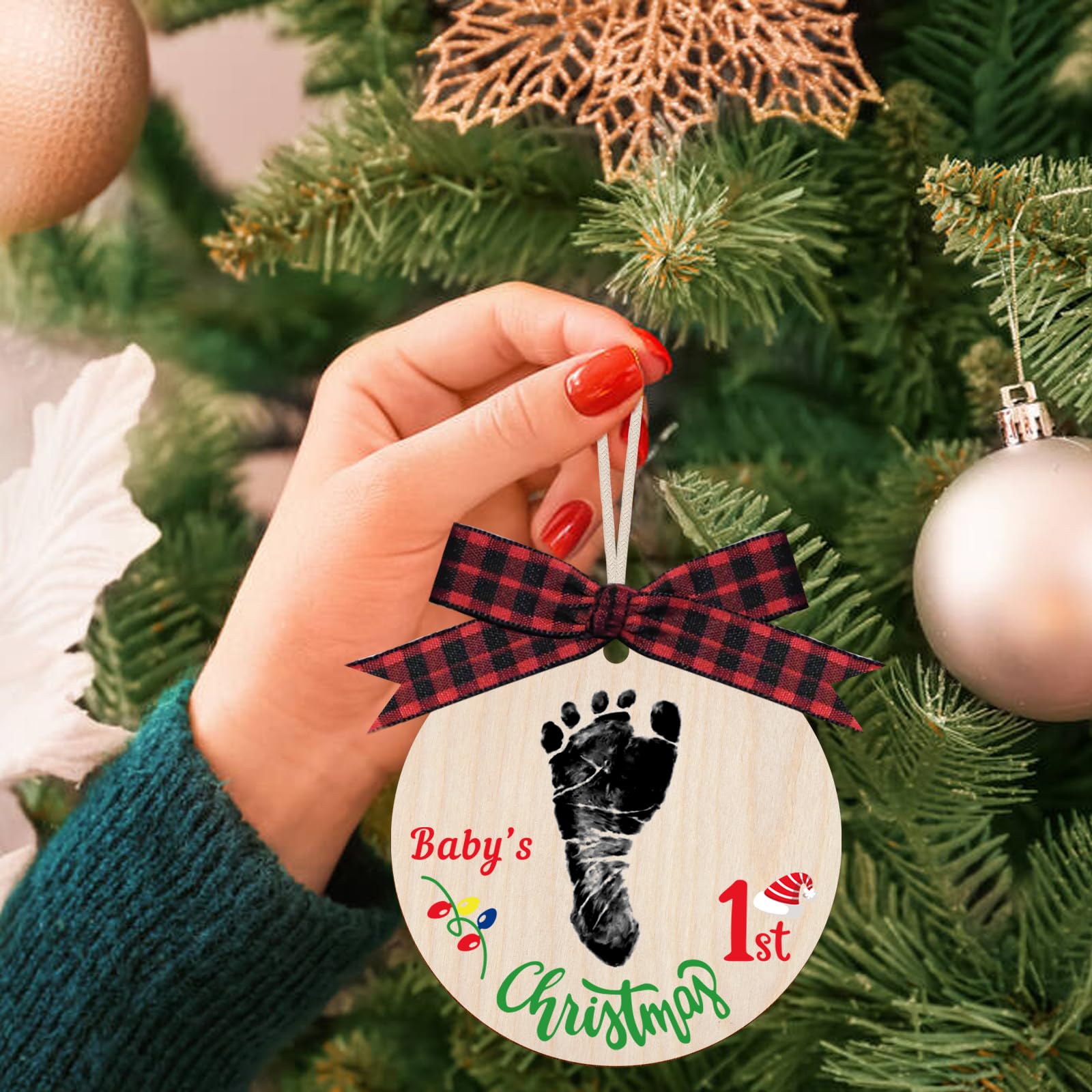 Baby's My First Christmas Handprint or Footprint Christmas Print Ornament,Christmas Tree Decoration Keepsake with Clean Touch Ink Pads and Bows，Nursery Decorative Ornaments (Print2)